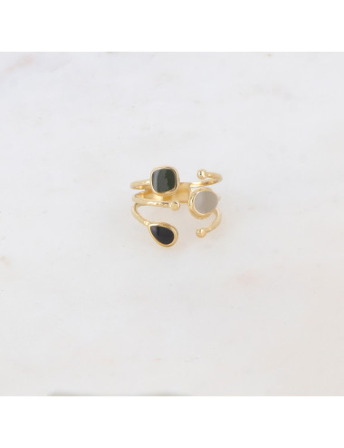 Bague 3 rangs Dorée avec pierres noires et grises Ikita boutiqueholala.com