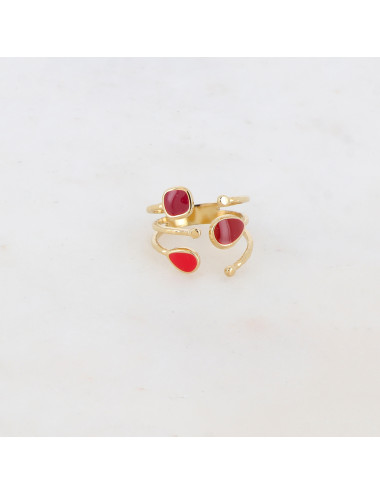 Bague 3 rangs dorée avec 3 pierres rouges mixtes Ikita boutiqueholala.com