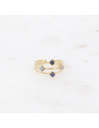 Bague dorée 3 rangs avec pierres naturelles gris bleues