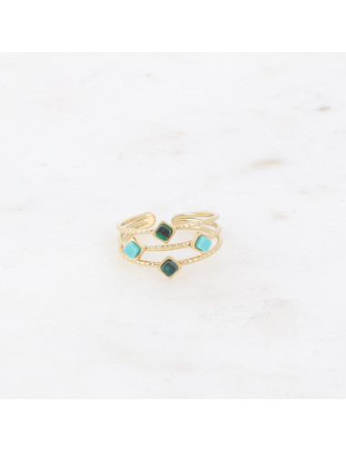 Bague dorée 3 rangs avec pierres naturelles vertes boutiqueholala.com
