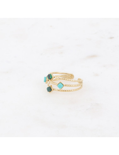 Bague dorée 3 rangs avec pierres naturelles vertes boutiqueholala.com