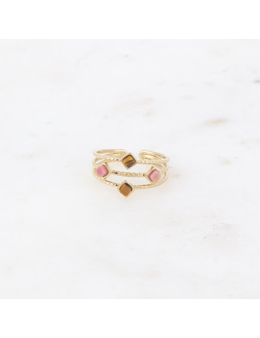 Bague dorée 3 rangs avec pierres naturelles rhodonite et oeil de tigre