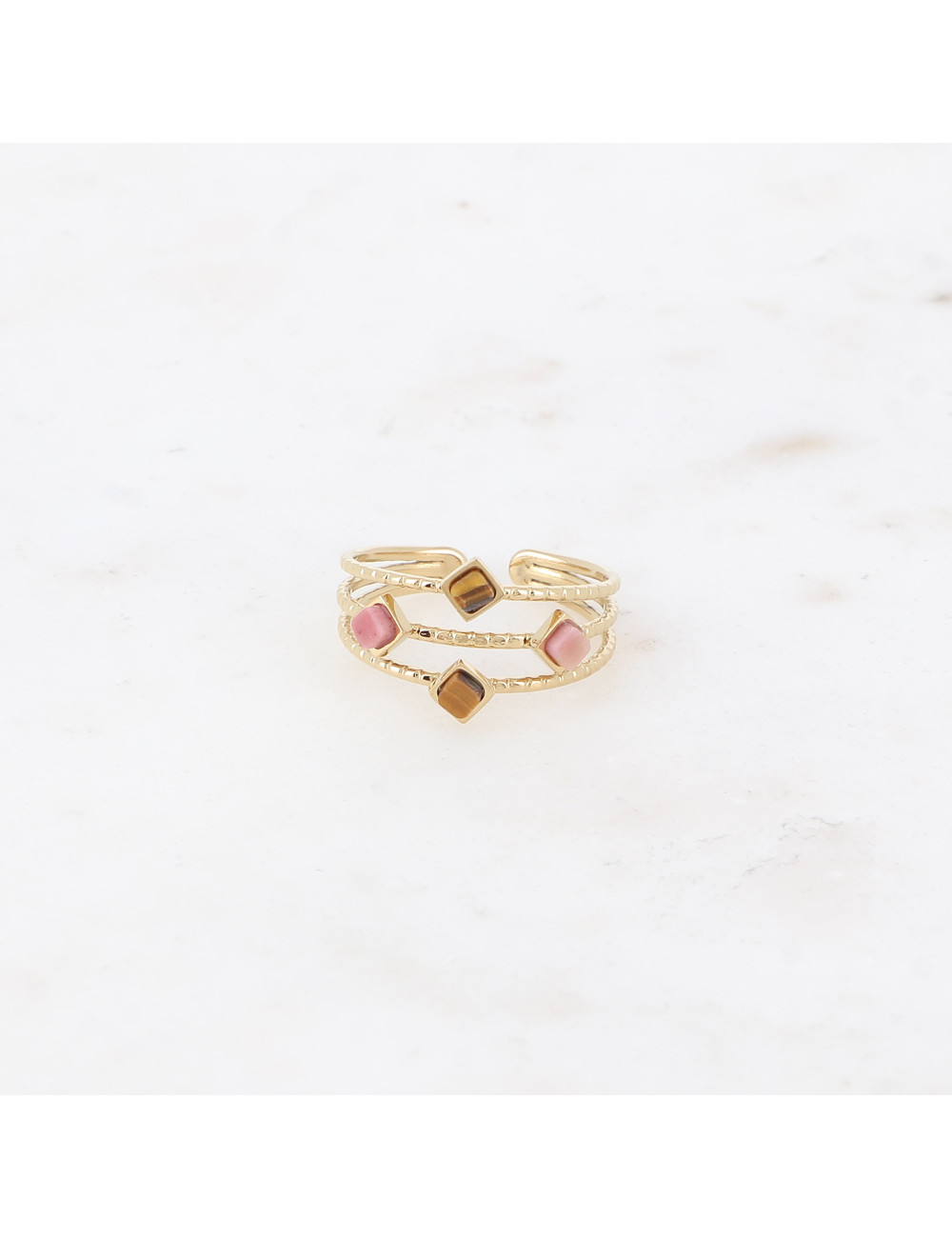 Bague dorée 3 rangs avec pierres naturelles rhodonite et oeil de tigre