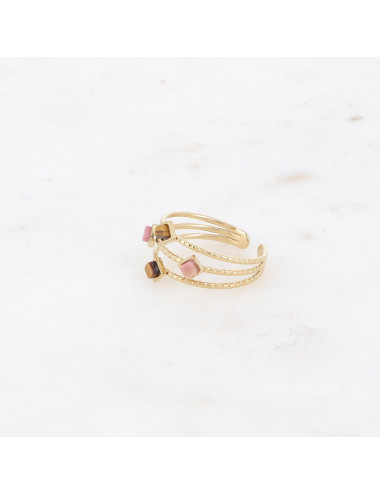 Bague dorée 3 rangs avec pierres naturelles rhodonite et oeil de tigre
