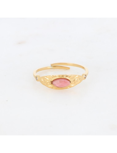 Bague dorée avec oeil en pierre Rhodonite et zirconium blanc boutiqueholala.com