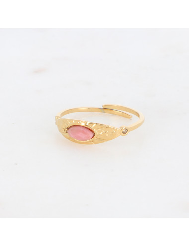 Bague dorée avec oeil en pierre Rhodonite et zirconium blanc boutiqueholala.com