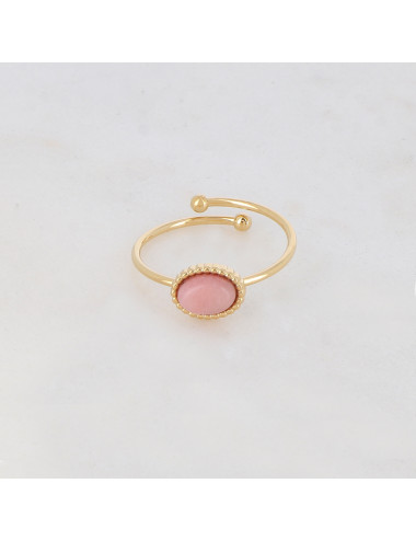Bague fine ovale dorée avec pierre naturelle rose