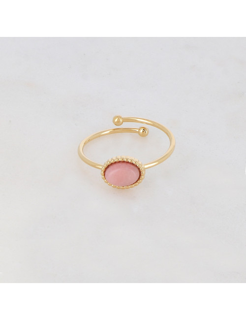 Bague fine ovale dorée avec pierre naturelle rose
