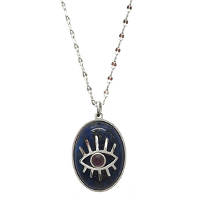 Collier argenté avec un pendentif en pierre naturelle lapis lazuli et un oeil